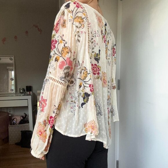 Zara Bohemian Eyelet Floral Embroidered Dotted Mesh Small Blouse Pom Pom Ties - Picture 6 of 10